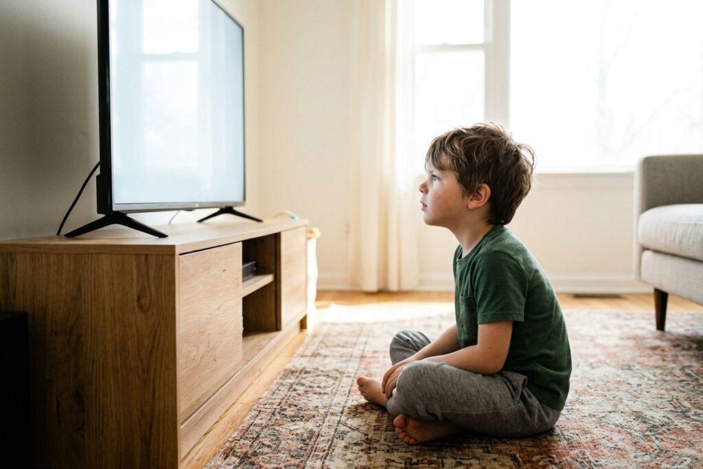 Child sitting cross-legged on a rug in a living room, looking up at a flat-screen TV on a wooden stand.