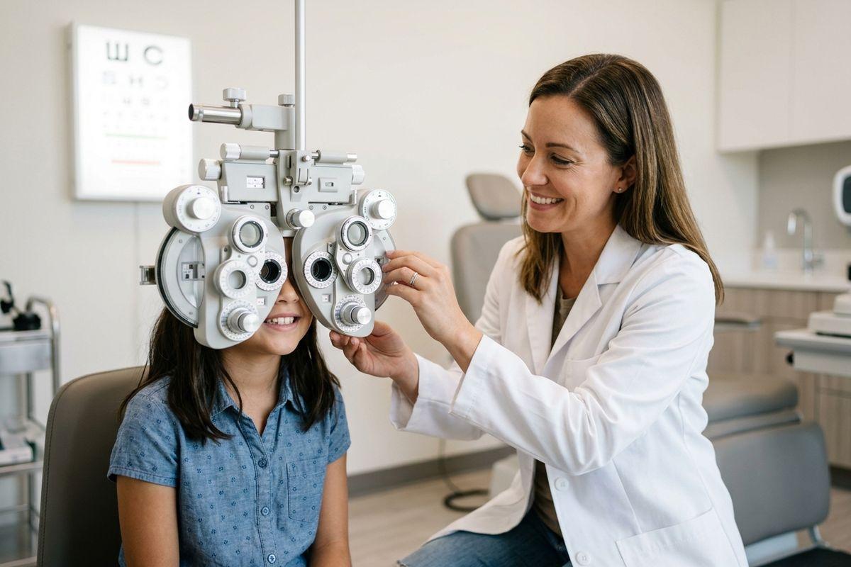 Smiling optometrist adjusts a phoropter in front of a smiling child seated in an exam chair, with an eye chart visible behind them.