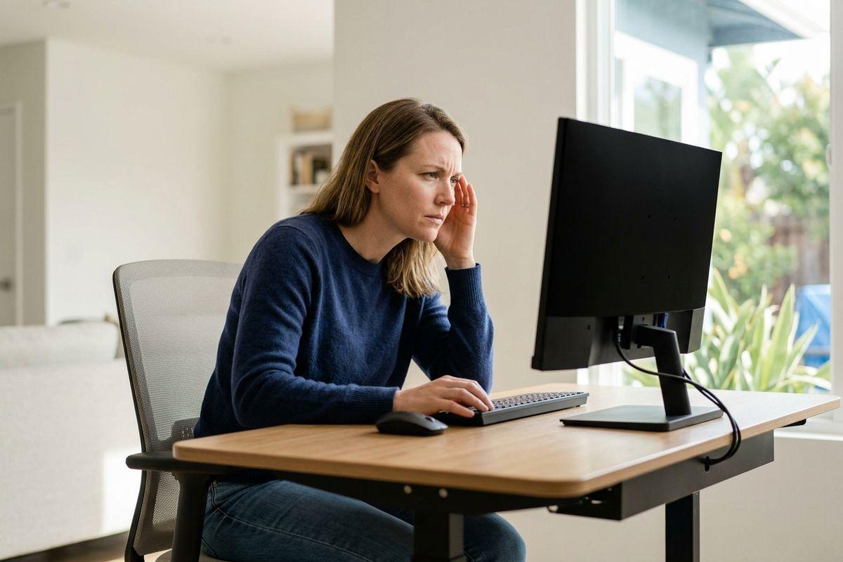 Adult sitting at a desk, looking concerned at a computer monitor, hand raised to face, in a bright home office.