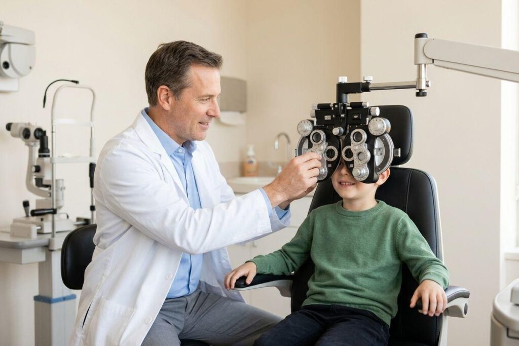 Optometrist adjusting a phoropter over a smiling child's eyes during an eye exam in a clinic.