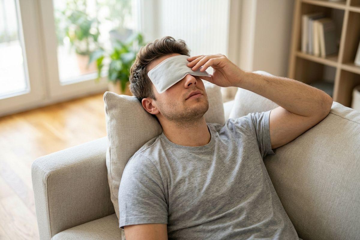 Adult reclining on a sofa, holding a sleep mask over their eyes with one hand, in a bright living room.
