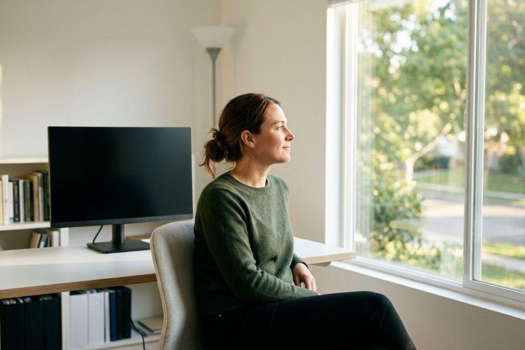 Adult sitting in a chair at a home desk, gazing out a large window at trees, with a monitor and bookshelf behind them.