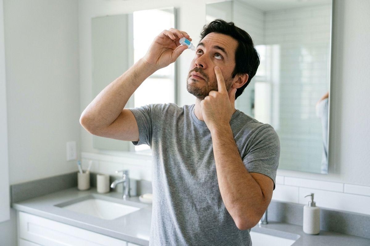 Adult applying eye drops to one eye in a bathroom, pulling lower eyelid down and tilting head back slightly.