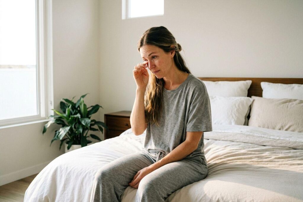 Adult in gray loungewear sitting on a bed, wiping tears from one eye with a finger, looking away with a sorrowful expression.